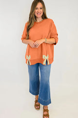 Grapefruit Orange Floral Bow Patched Exposed Seam Patchwork Slit Baggy Sweatshirt