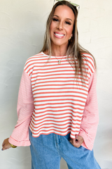 Pink Striped Textured Patchwork Drop Sleeve Top