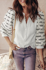 White Button Placket 3/4 Striped Sleeve Patchwork Rib Knit Top