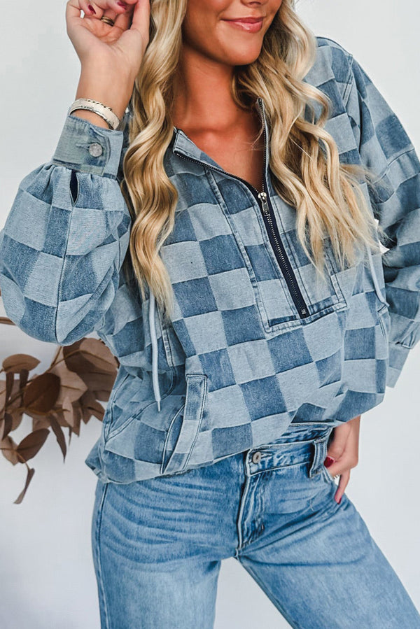 Sky Blue Checkerboard Zipped Collar Kangaroo Pocket Denim Hoodie