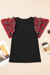 Black Pearl Plaid Ruffle Sleeve Loose T Shirt