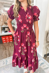 Red Floral Print Frilled V Neck Short Sleeve Ruffle Maxi Dress