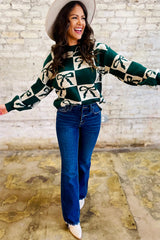 Blackish Green Bow Print Checkered Knit Sweater