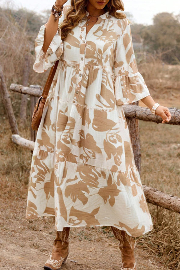 Khaki Abstract Print Ruffle Sleeve Tiered A-line Plus Size Long Dress