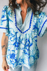 Sky Blue Ricrac Trim Slit V Neck Short Sleeve Floral Blouse