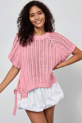 Black Plus Size Open Knit Bow Tie Short Sleeve Sweater