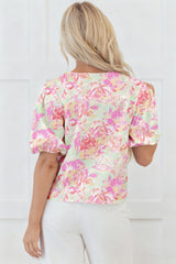Pink Ribbon Knot Front Floral Short Puff Sleeve Blouse