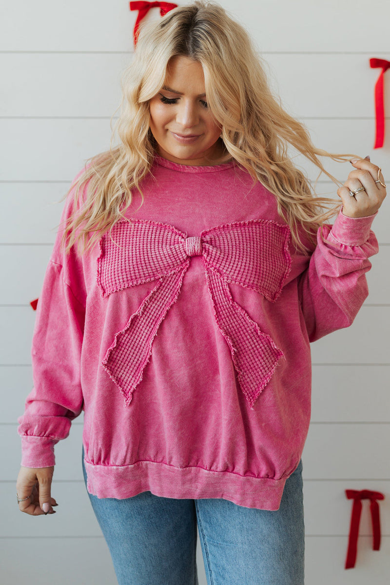 Bonbon Waffle Bowknot Patchwork Mineral Wash Plus Size Top