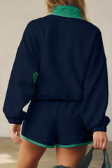 Black Colorblock Patchwork Half Button Pullover and Shorts Outfit