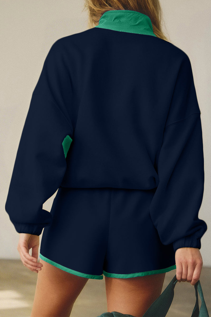 Black Colorblock Patchwork Half Button Pullover and Shorts Outfit