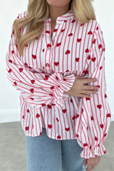 Pink Stripe Textured Heart Print Long Flounce Sleeve Shirt