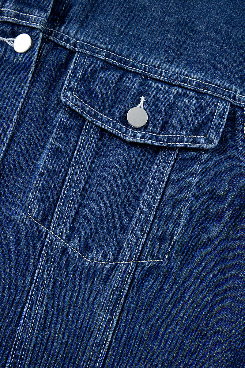 Beau Blue Ruffle Raw Hem Flap Pockets Denim Jacket