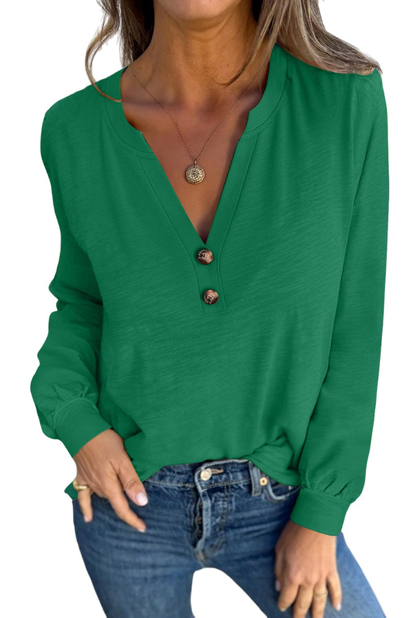 Mist Green Casual Button V Neck Long Sleeve T-Shirt