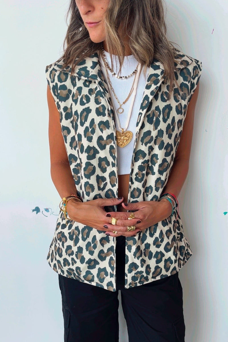 Brown Allover Leopard Print Open Front Jacket Vest