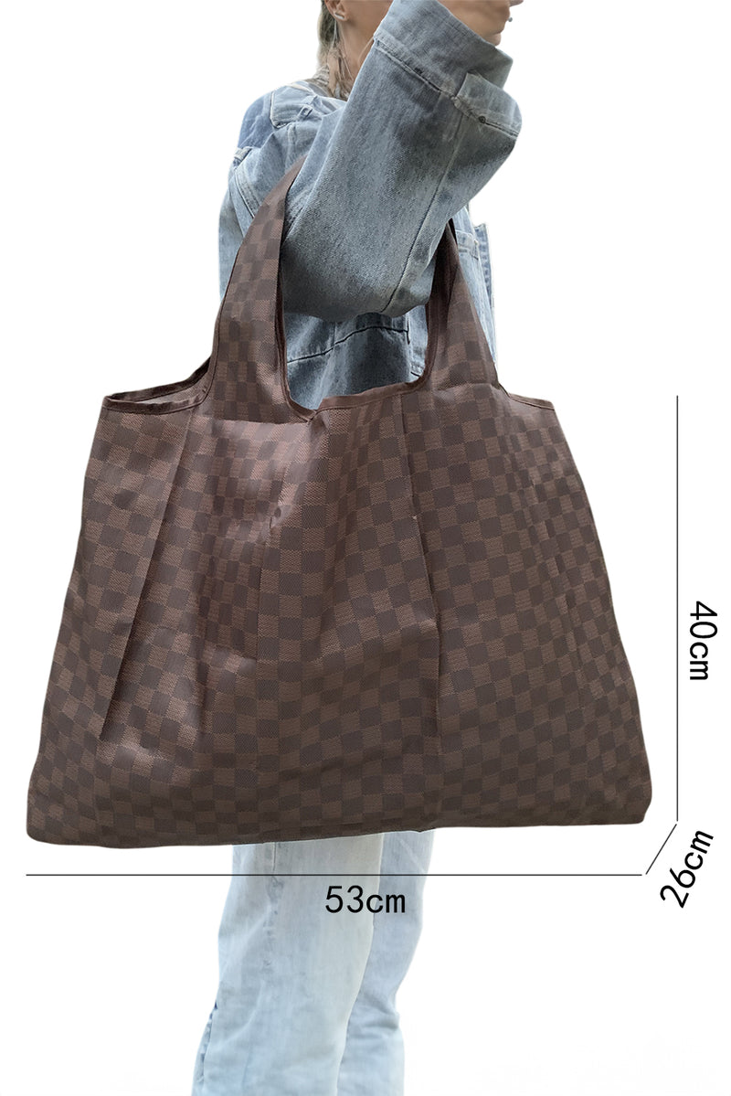 Coffee Checkered Print Large Foldable Tote Bag