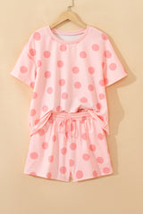 Sky Blue Polka Dot Print Loose Tee Drawstring Elastic Waist Short Set