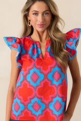 Red Abstract Print V Neck Ruffle Shoulder Blouse