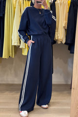 Oatmeal Varsity Striped Detail Cropped Pullover Wide Leg Pants 2pcs Outfit