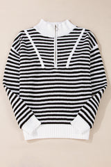 Sky Blue Stripe Zip up Collar Drop Shoulder Sweater