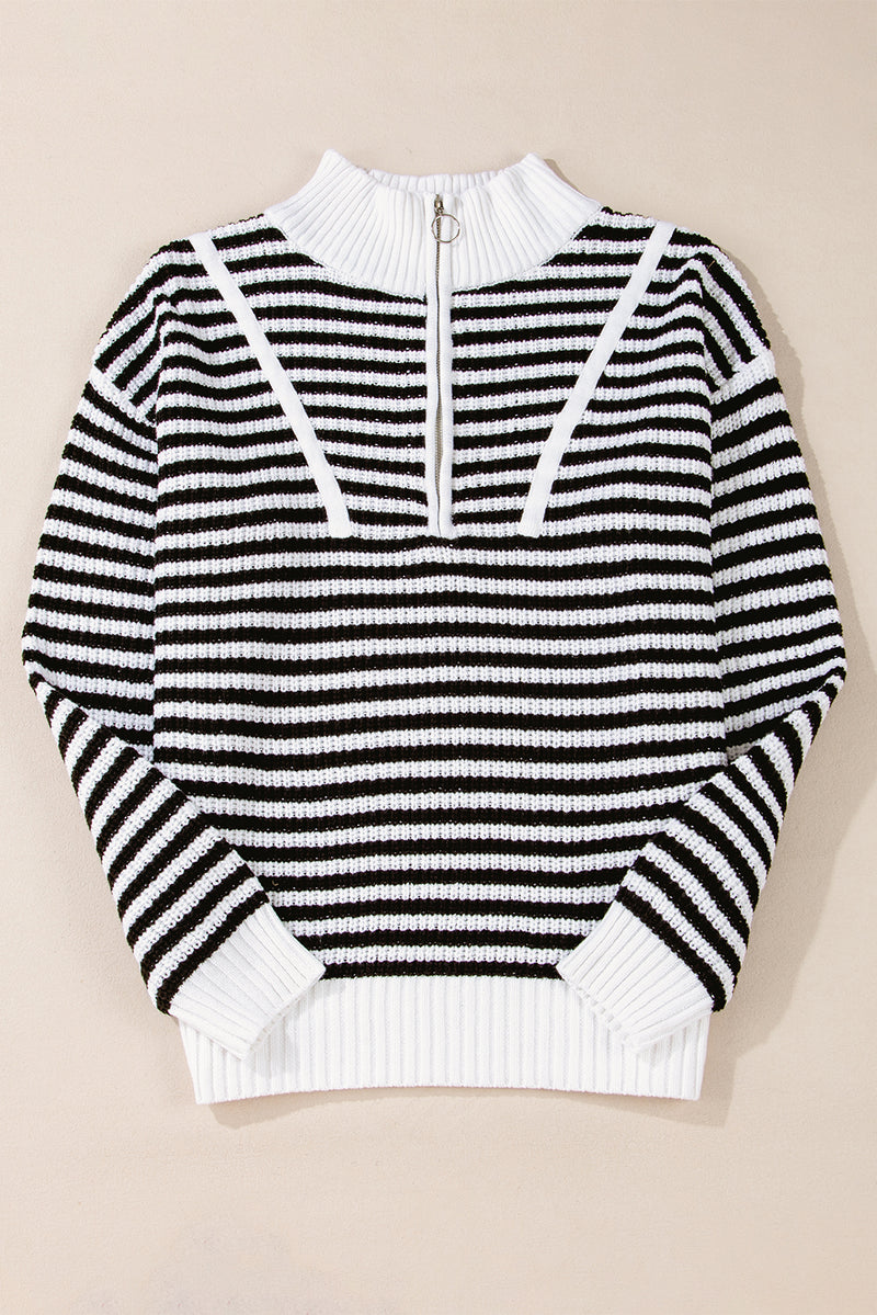 Sky Blue Stripe Zip up Collar Drop Shoulder Sweater