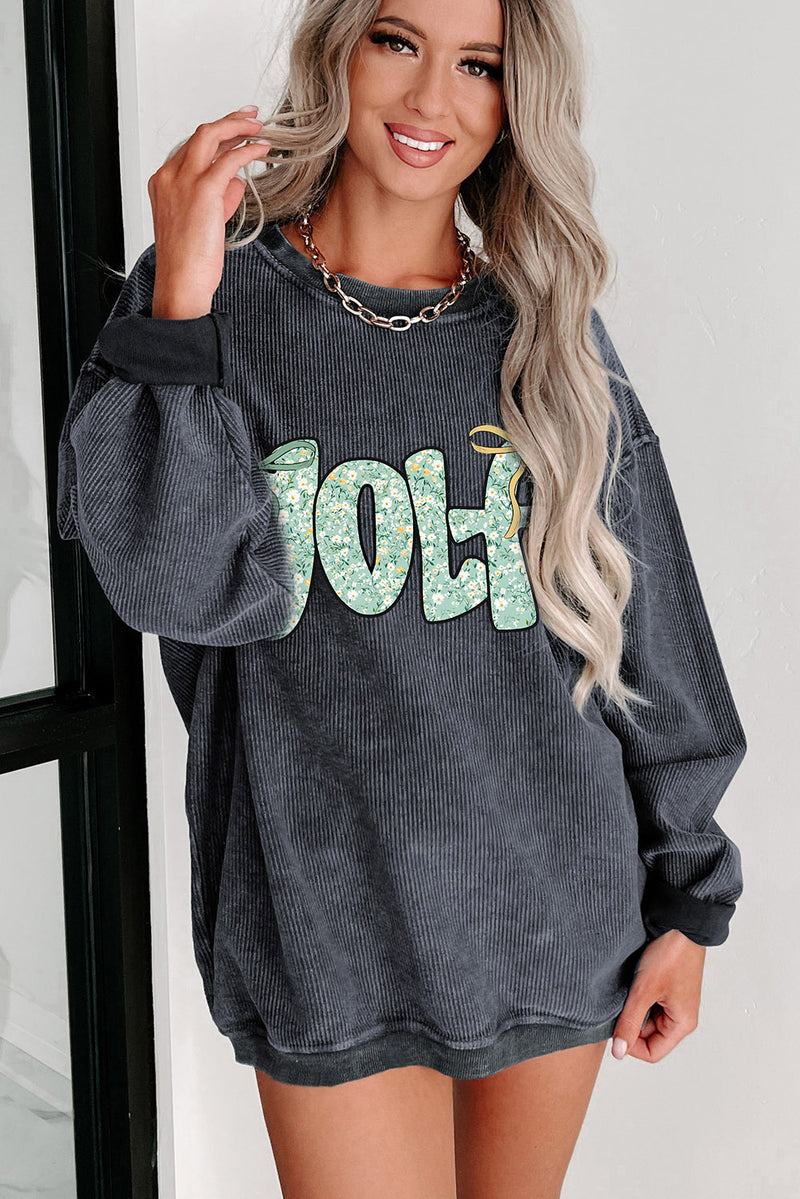 Gray Twisted Ribbed Floral GOLF Letter Bow Sweatshirt