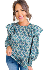 Green Abstract Print Shirred Cuff Puff Sleeve Blouse