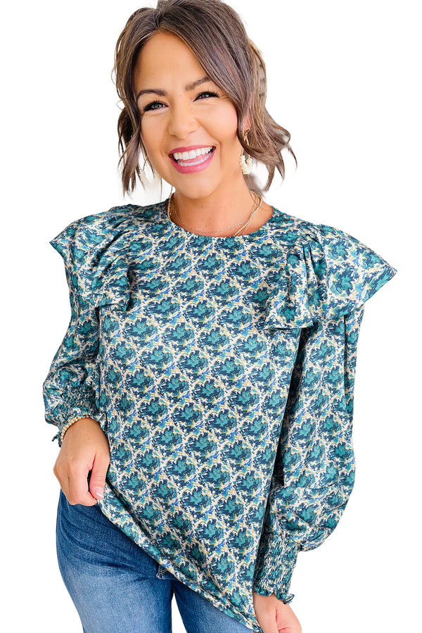 Green Abstract Print Shirred Cuff Puff Sleeve Blouse