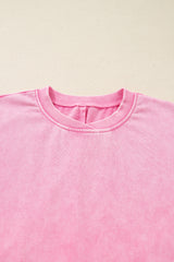 Bright Pink Mineral Wash Crossed Crew Neck Drop Shoulder Loose Sweatshirt