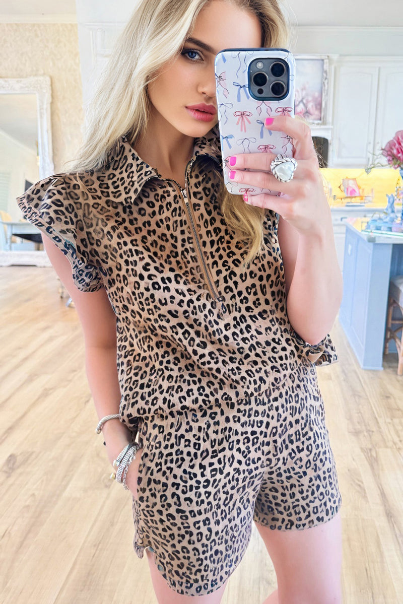 Brown Leopard Half Zipper Collared Ruffle Sleeve Top and Shorts Set