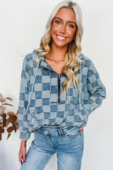 Sky Blue Checkerboard Zipped Collar Kangaroo Pocket Denim Hoodie