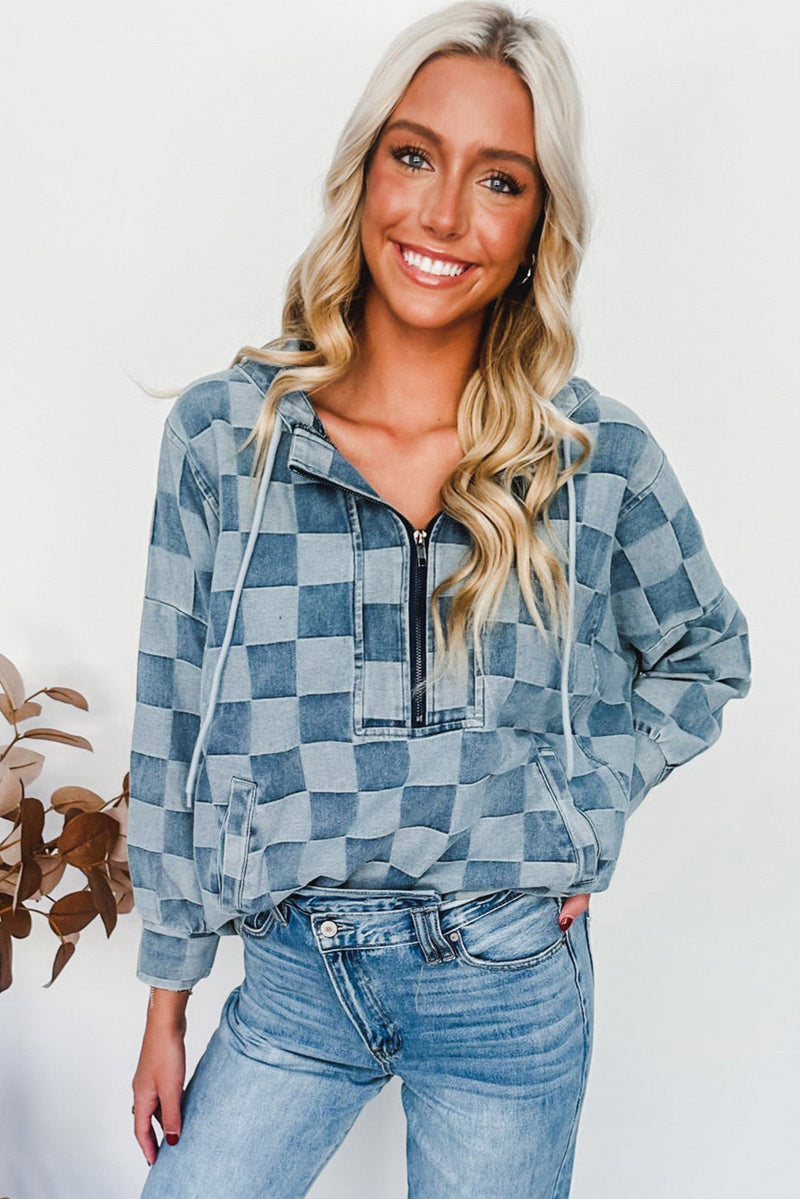 Sky Blue Checkerboard Zipped Collar Kangaroo Pocket Denim Hoodie