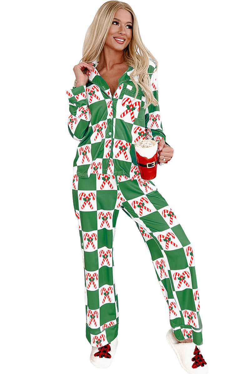 Green Holly Jolly Checkered Pattern Christmas Pajama Set