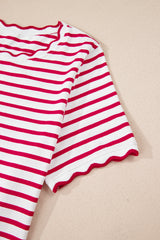 Green Stripe Scalloped Trim Round Neck T Shirt