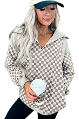 Khaki Checkered Print Quarter Zip Ribbed Patchwork Loose Sweatshirt