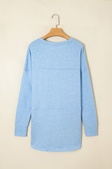 Smoke Green Notched Neck Terry Raw Hem Long Sleeve Top