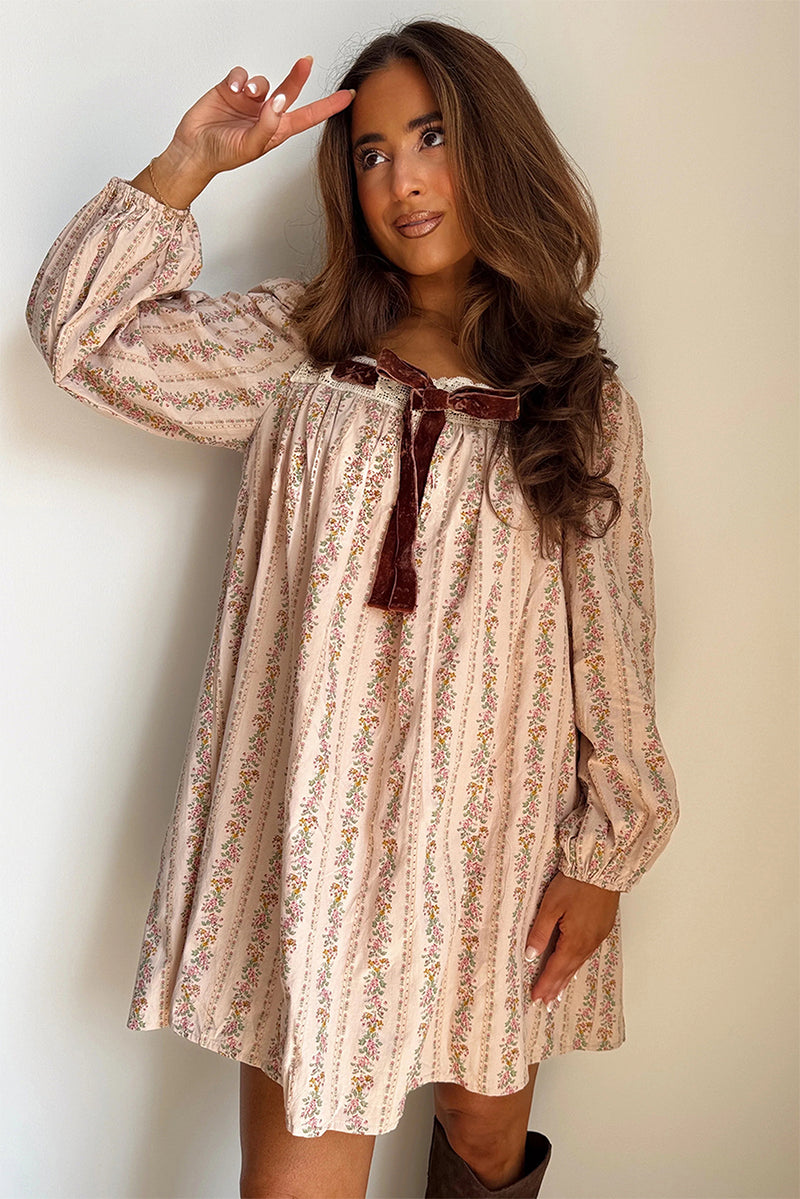Khaki Velvet Bow Front Floral Print Long Sleeve Short Dress