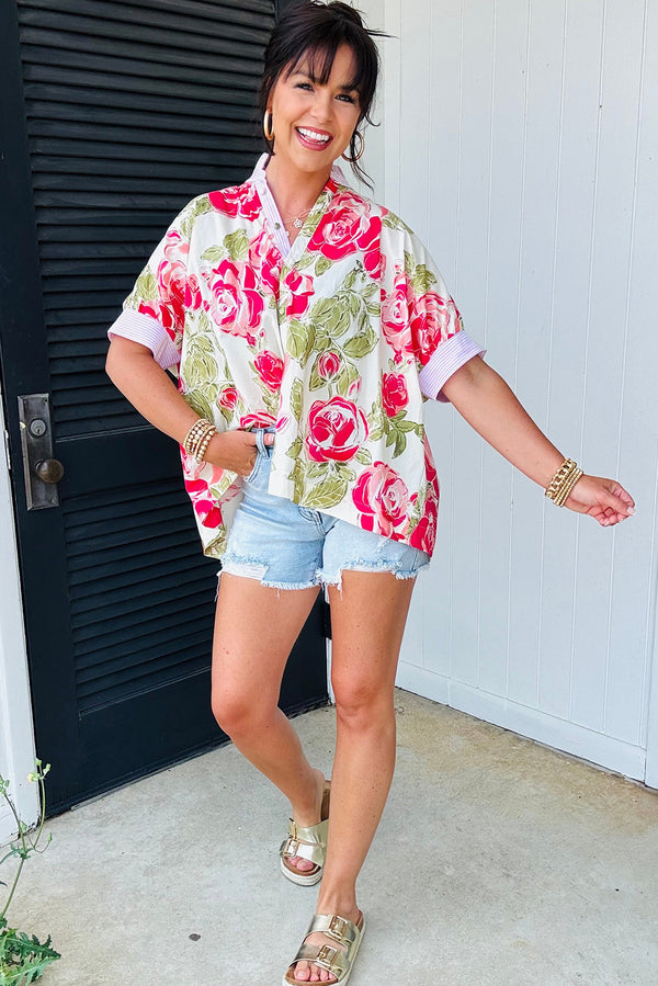 Pink Flower Print Striped Trim Frilled Collar Short Sleeve Shirt