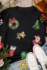 Black Sequin Christmas Graphic Patch Application Crewneck T Shirt