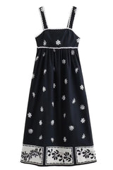 Black Floral Sleeveless High Waist Midi Dress