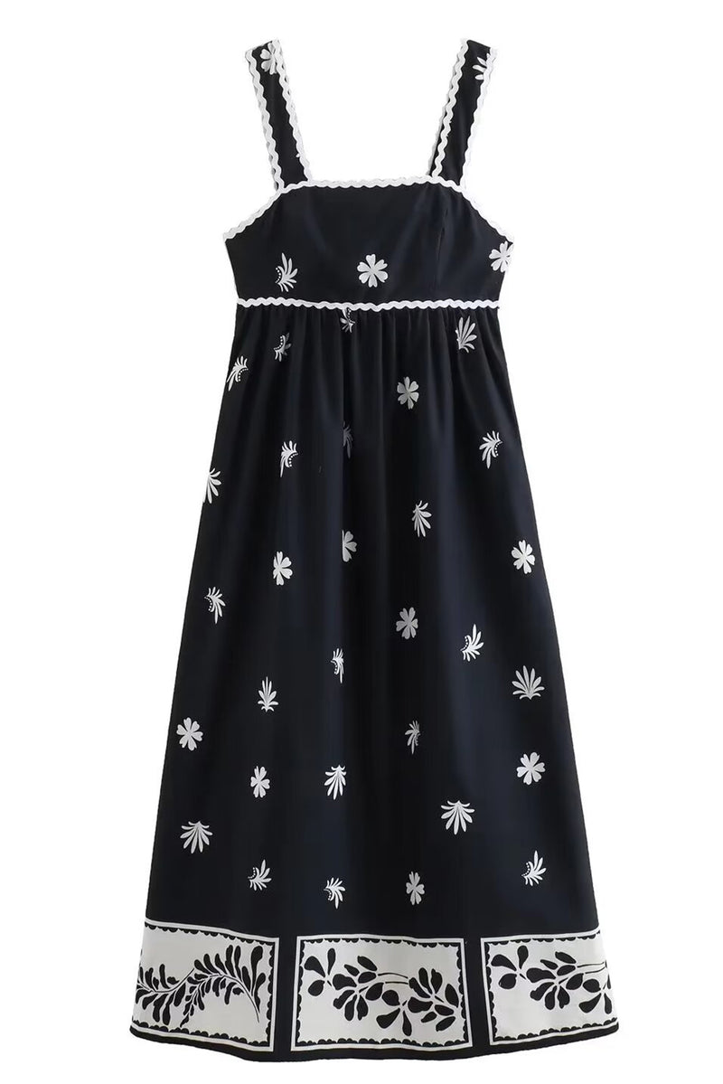 Black Floral Sleeveless High Waist Midi Dress