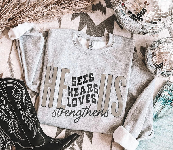 He sees, hears, loves us ash sweater