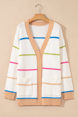 White Color Block Striped Open Front Cardigan With Pocket