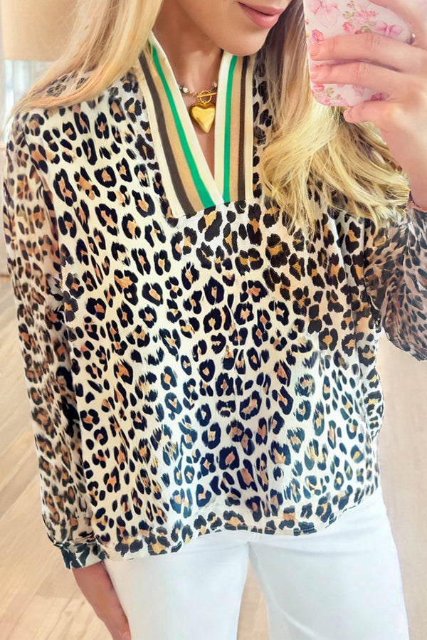 Khaki Leopard Print Long Sleeve Striped V Neck Top