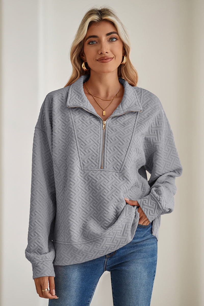 Beige Solid Textured Half Zipper Collared Sweatshirt