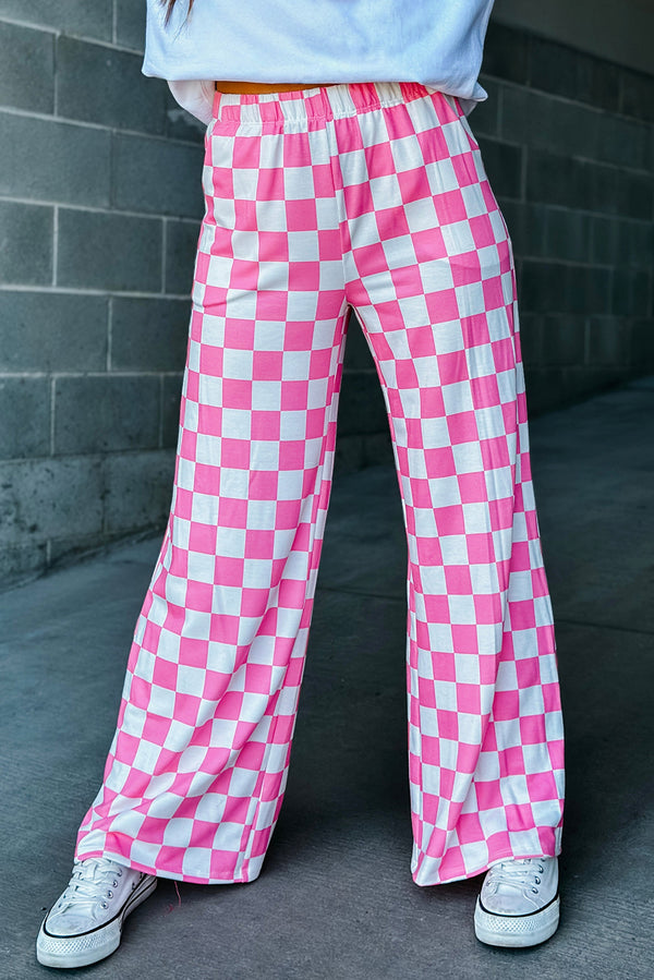 Bonbon Checkered Print High Waist Wide Leg Pants