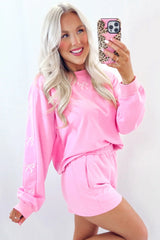 Sachet Pink Bow Embroidery Long Sleeve Pullover and High Waist Shorts Set