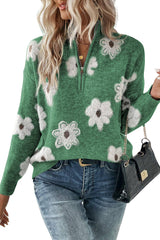Khaki Vintage 60s Floral Pattern Half Zip Collar Drop Shoulder Sweater