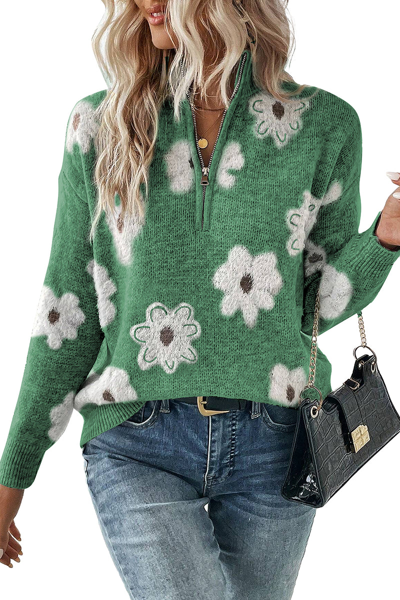 Khaki Vintage 60s Floral Pattern Half Zip Collar Drop Shoulder Sweater