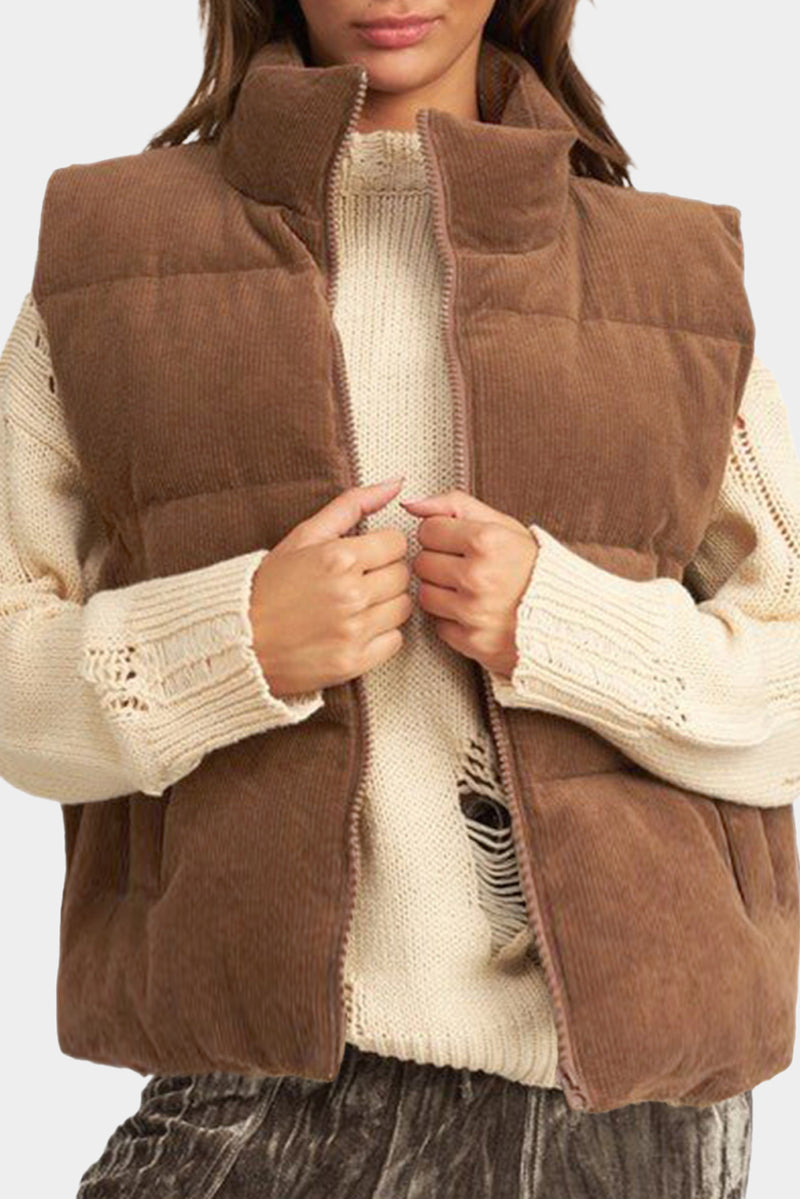 Beige Corduroy Stand Neck Zipped Puffer Vest