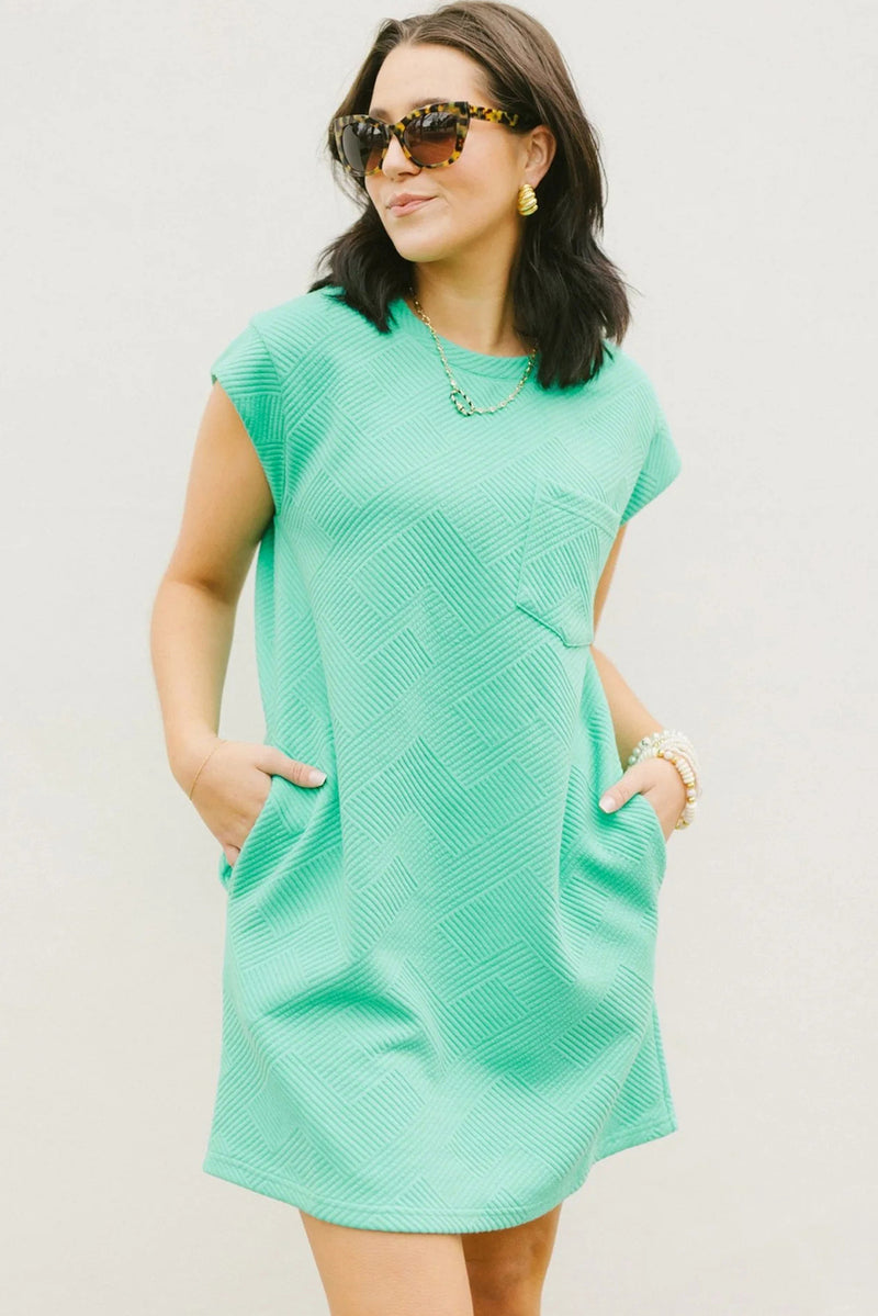 Black Plain Textured Pocketed Cap Sleeve Mini Dress